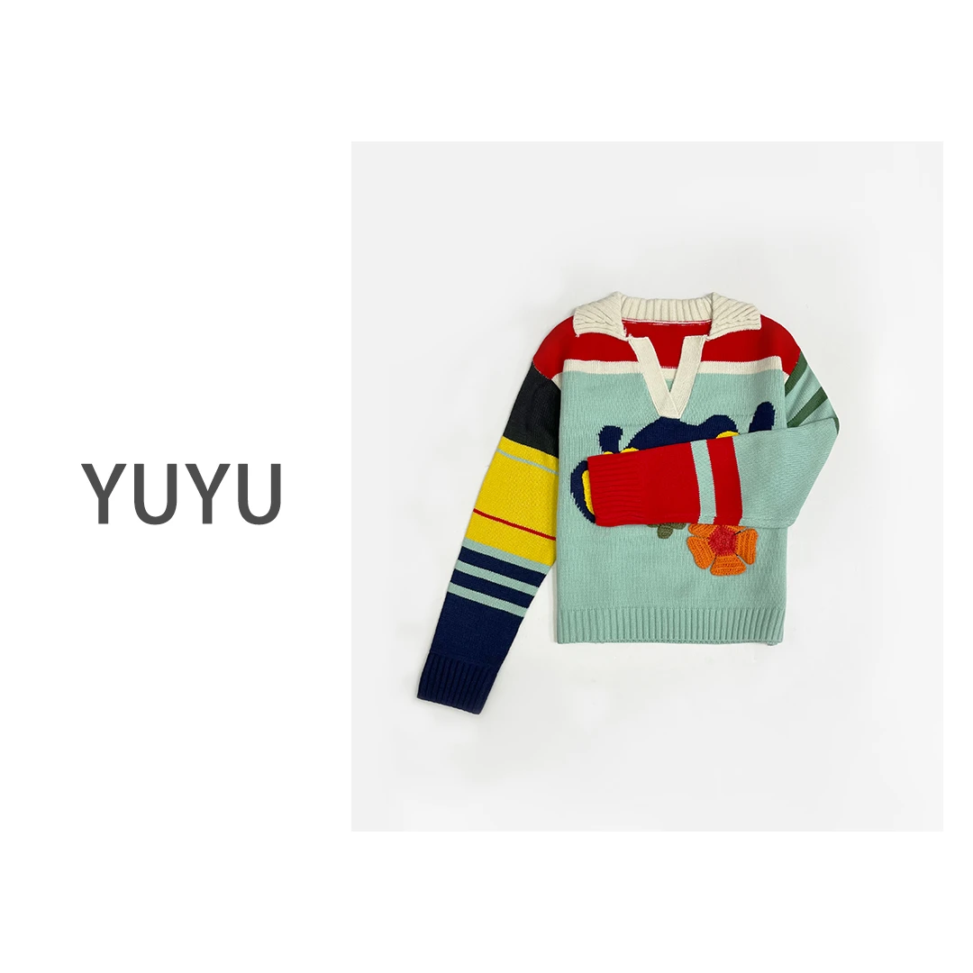 【莫奈油画】立体钩花百搭翻领设计感短款时尚撞色秋冬毛衣.OY113