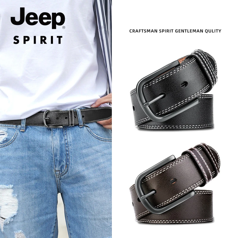 吉普真牛皮皮带男款爆款2024新款针扣年轻人休闲百搭牛仔裤腰带潮