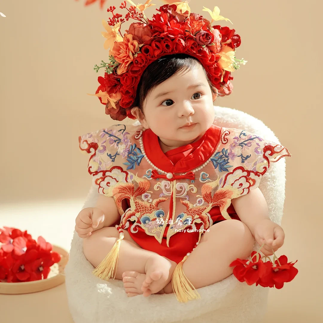 红色簪花百天照儿童摄影服装道具衣服女宝周岁服装主题拍照写真