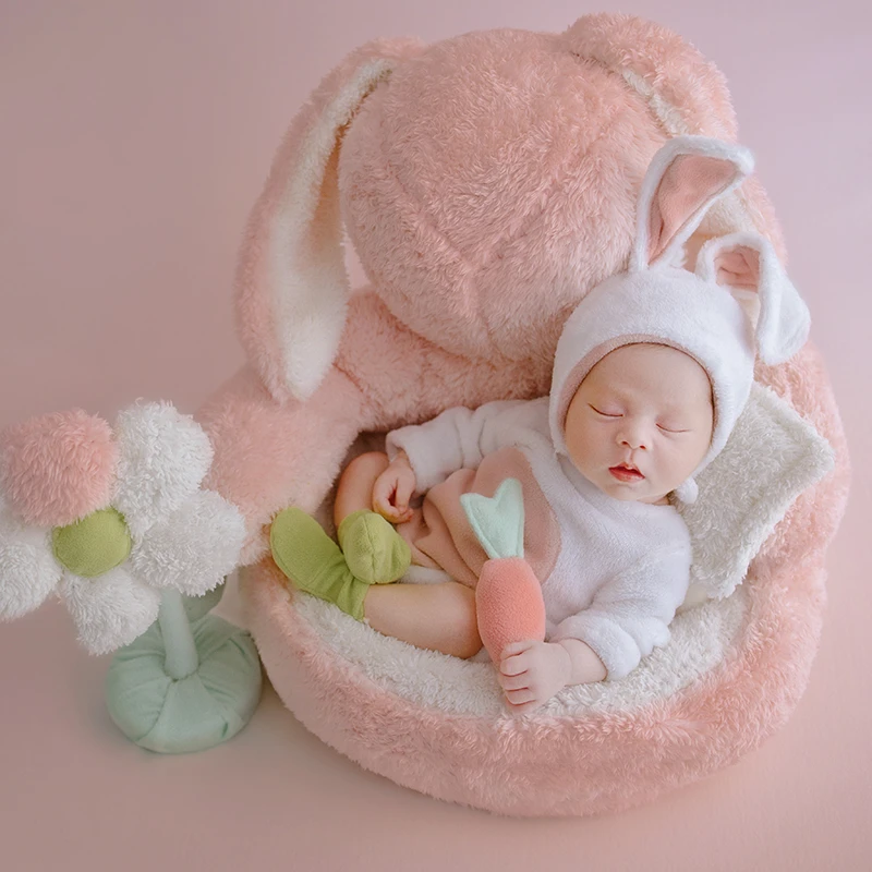兔年百天拍照百日照拍摄道具服装百天照婴儿宝宝儿童摄影帽子