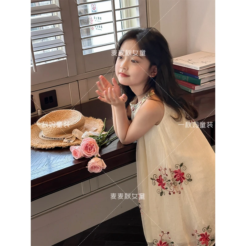 麦麦秋【现货-网纱刺绣挂脖裙+轻盈飘逸优雅氛围感满满】女童连衣裙