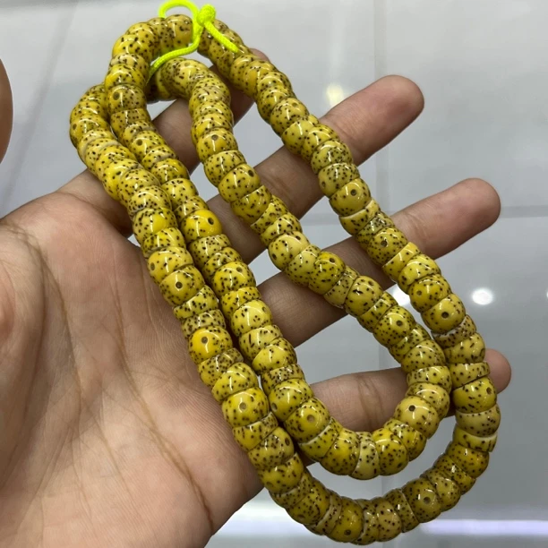 原生态鸡油黄雕刻大肠扇面黄金籽120颗星月大肠串