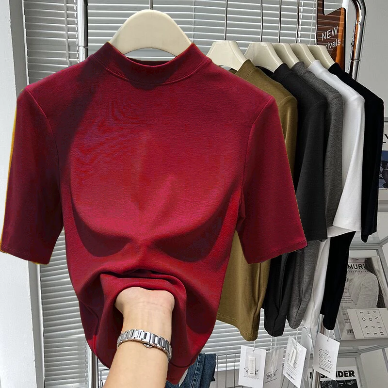 纯欲风5分短袖T恤女2025春夏季修身显瘦中袖打底衫内搭百搭上衣潮