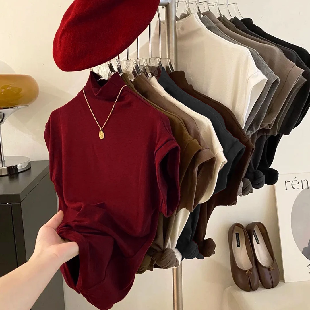 纯欲风半高领短袖T恤女2025春夏季修身显瘦打底衫内搭百搭ins上衣