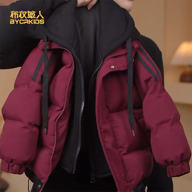 【拜年服加厚过冬】2025新款男童儿童冬季韩版假两件连帽保暖棉服