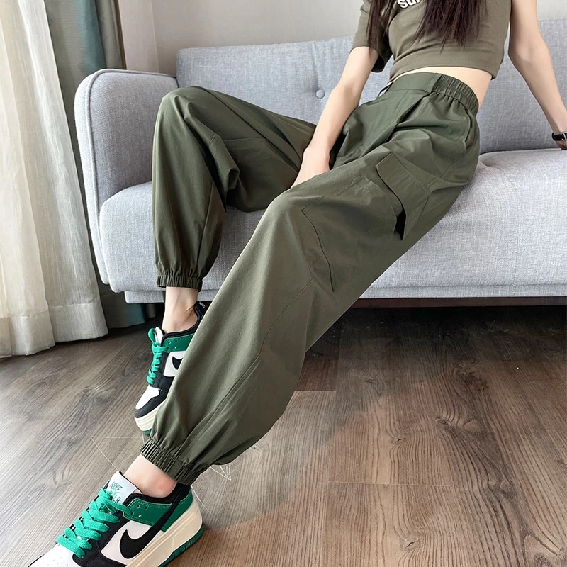 冰丝速干工装裤女2025夏季薄款高腰显瘦防晒休闲运动哈伦束脚卫裤
