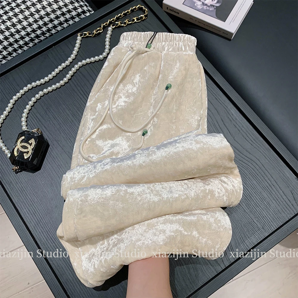 新中式丝绒裤子女春秋2024新款国风高级感直筒休闲垂感显瘦阔腿裤