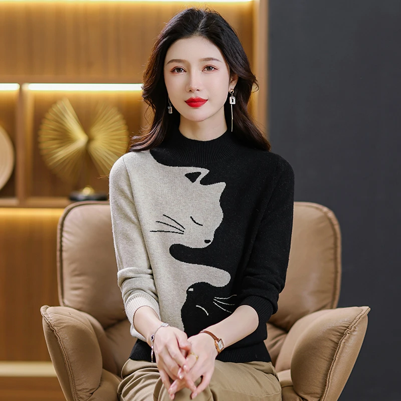 2025冬款圆领女针织衫洋气高贵休闲典雅修身套头上衣半高领秋冬