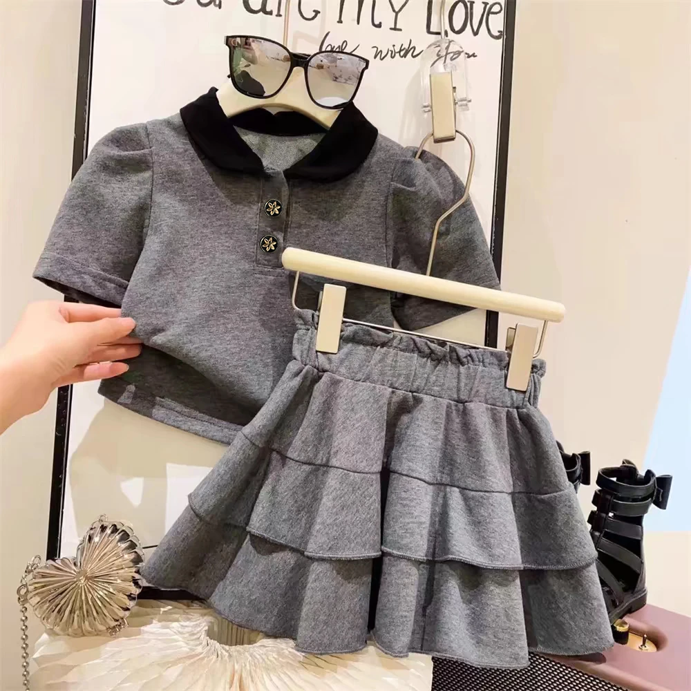1358女童学院风Polo领套装2024夏季新款泡泡袖T恤蛋糕短裙两件套