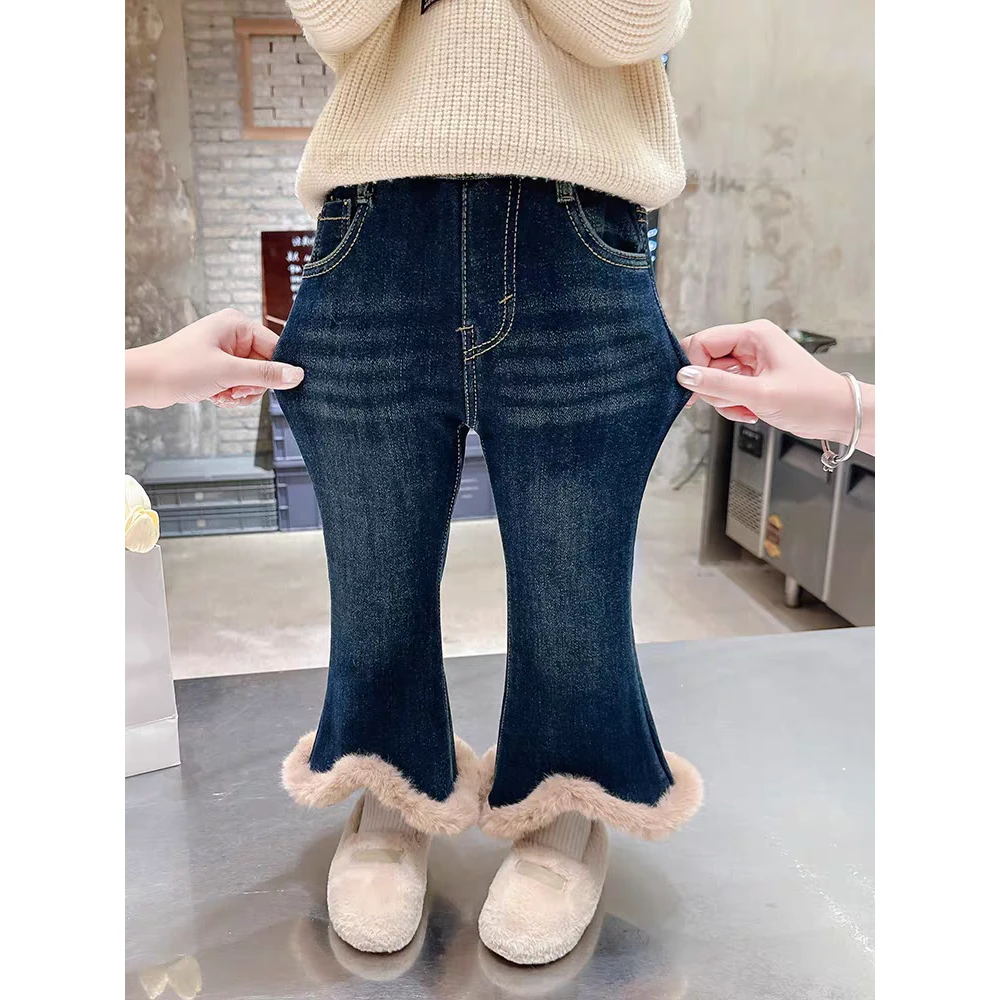 088女童裤子儿童加绒裤新款冬装洋气牛仔喇叭裤宝宝冬季加厚棉裤