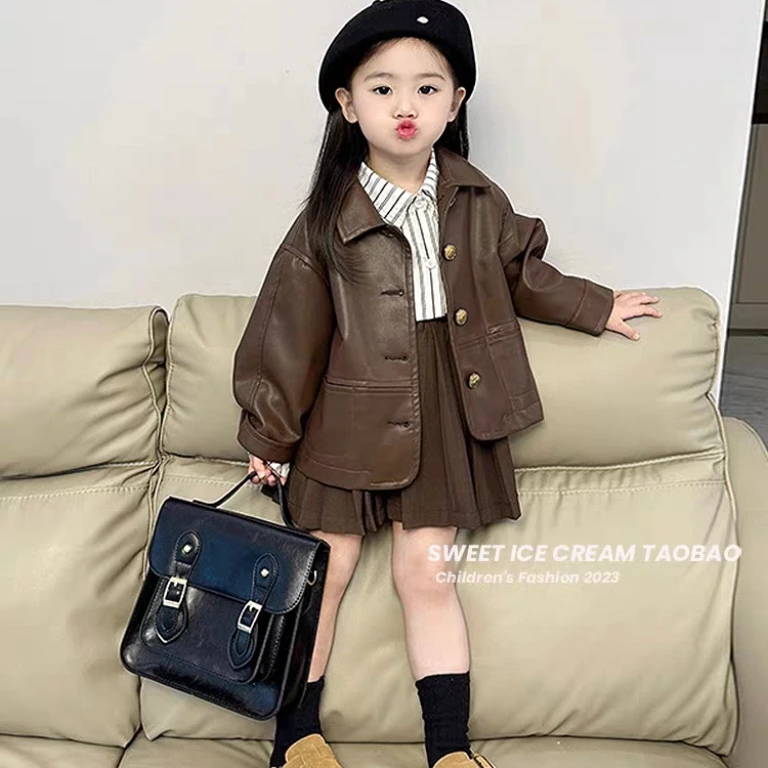 1417美拉德时尚儿童皮衣时髦外套女宝宝洋气衬衫百褶裙三件套装