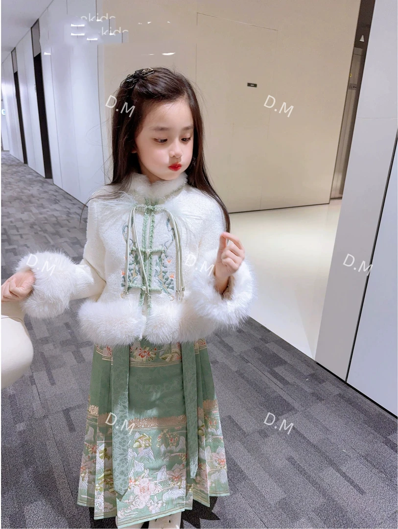 1136马面裙女童套装冬装新款洋气儿童刺绣裙子两件套