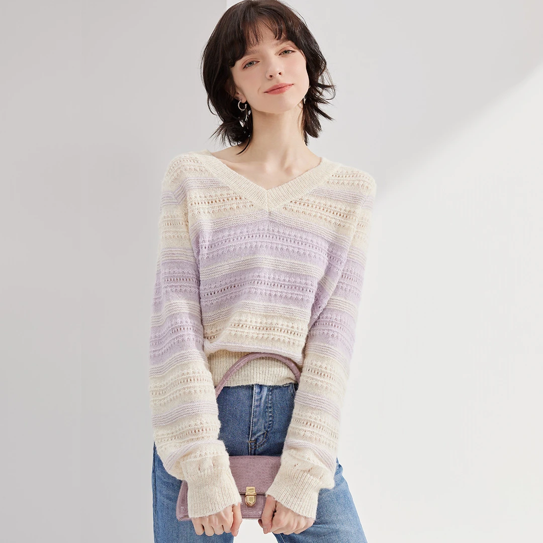 【粉丝专享】V领显瘦上衣休闲撞色镂空可外穿内搭宽松女式针织衫