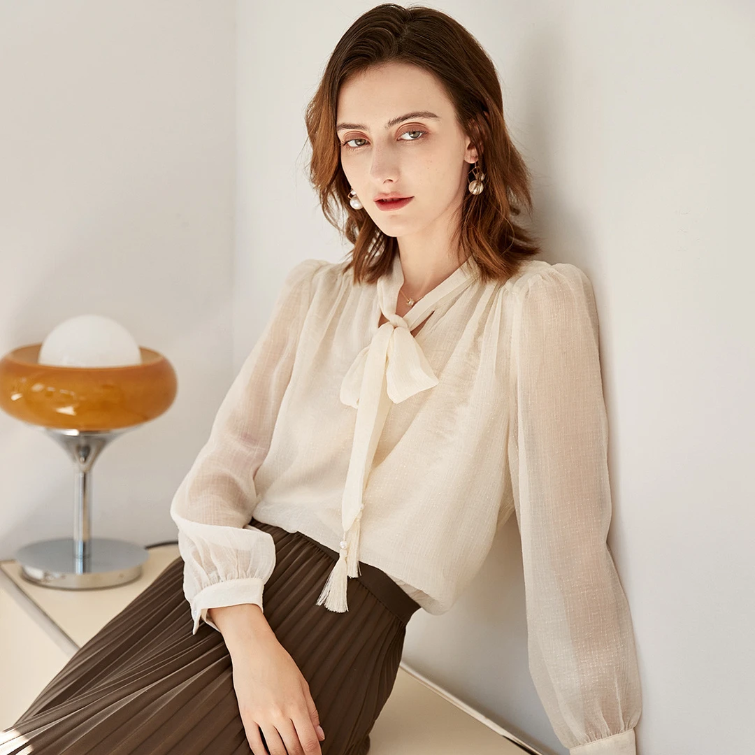 【粉丝专享】秋季女式上衣流苏系带V领衬衫优雅商务通勤衬衫女
