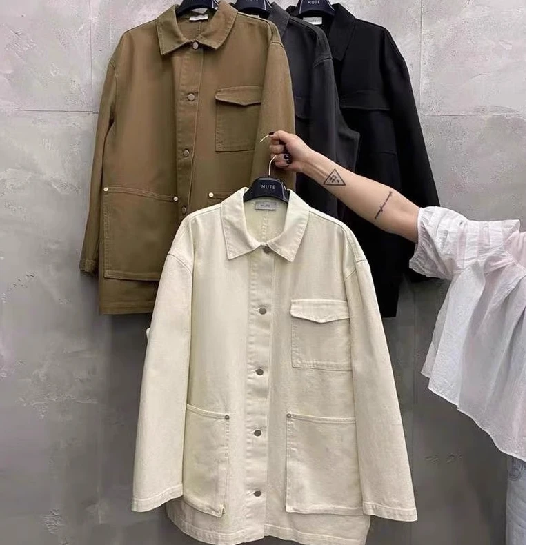现韩国东大门mute洋气翻领口袋宽松百搭牛仔外套