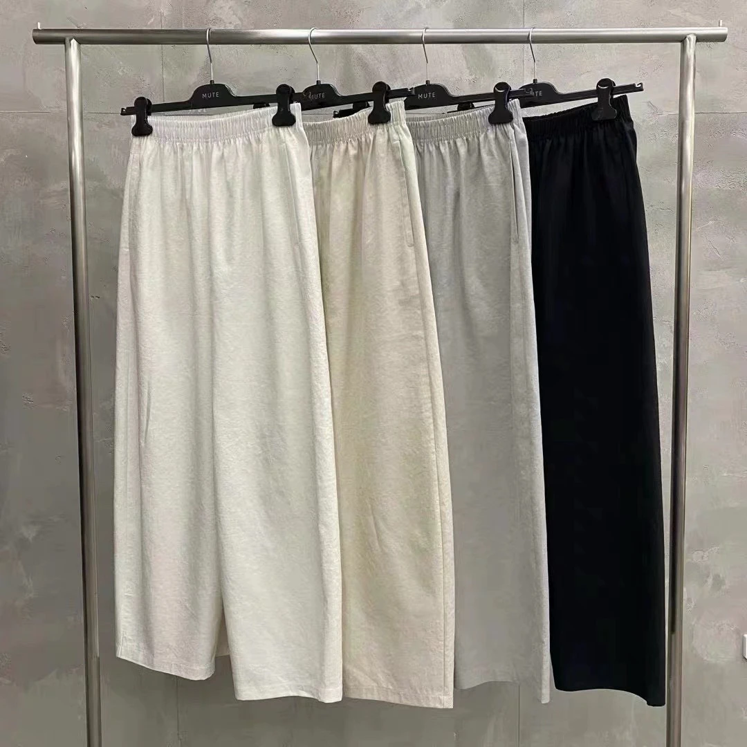 韩国东大门mute女2024夏季舒适松紧腰麻料直筒休闲裤