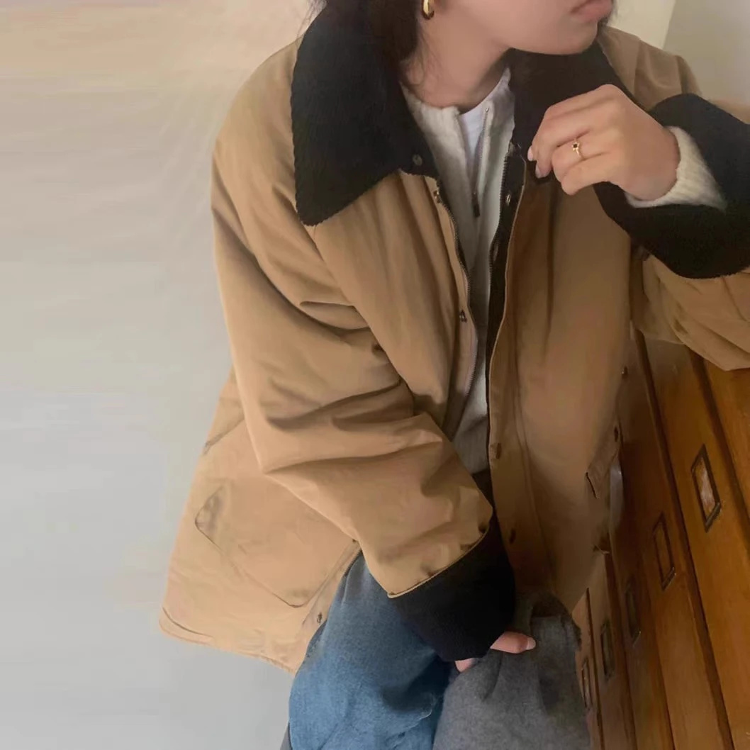 Chlee韩国代购 brush撞色翻领宽松加厚工装冬季棉服外套