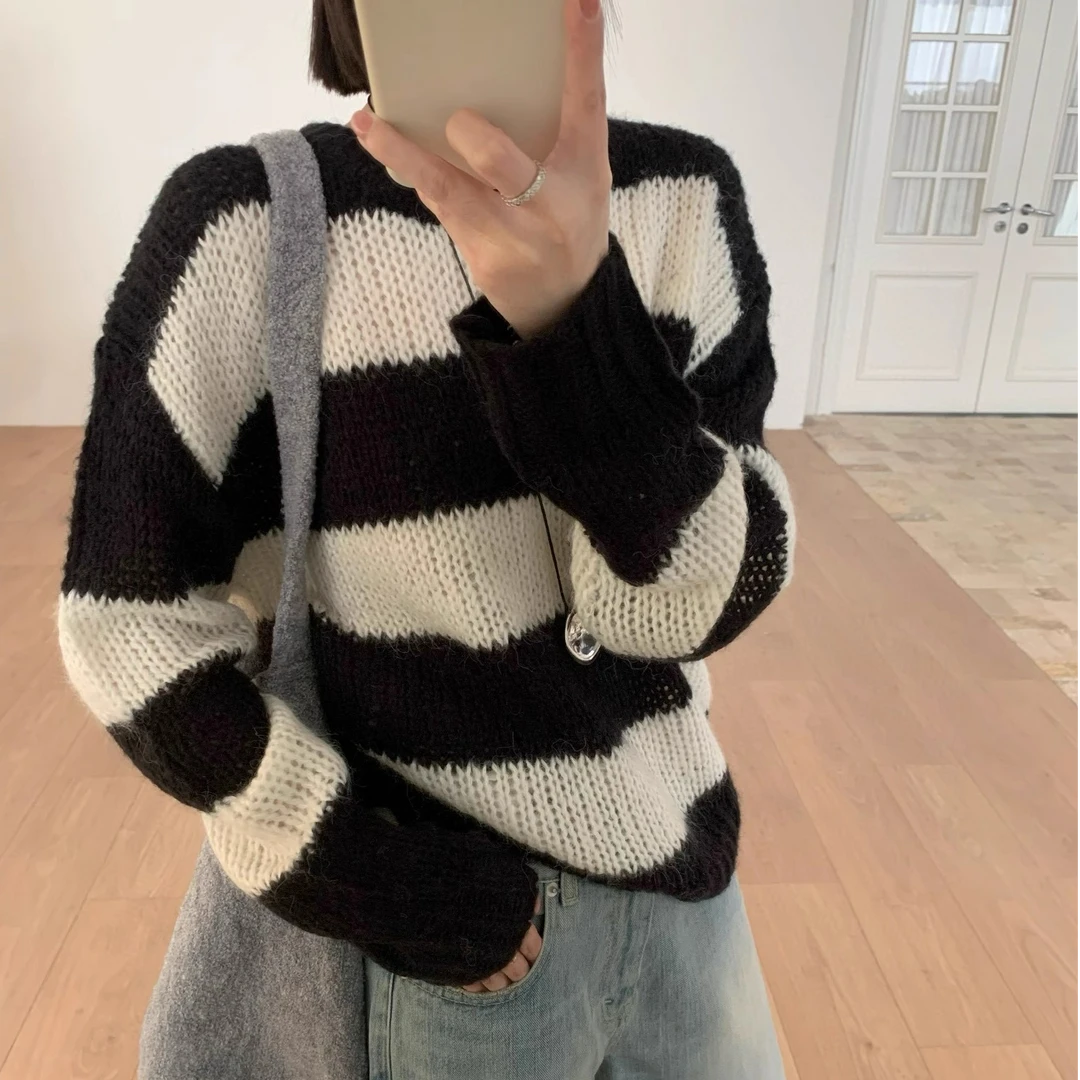 现货 韩国东大门代购bpowder秋季新款横条纹松弛感条纹针织衫