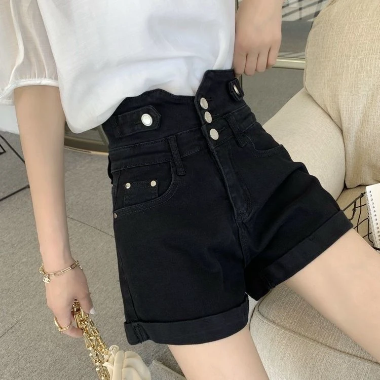 大码高腰牛仔短裤女新款夏黑色季薄款韩版时尚显瘦百搭a字热裤子