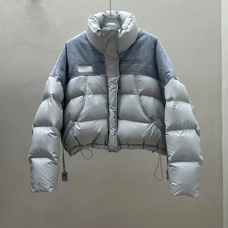 牛仔拼接羽绒服女短款2024秋冬新品90白鸭绒面包服小个子显瘦外套