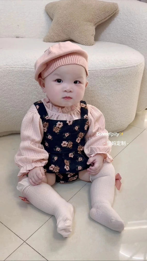 萱妈家【碎花两件套】衣服秋新款女宝宝衣服棉布背带哈衣长袖包屁衣