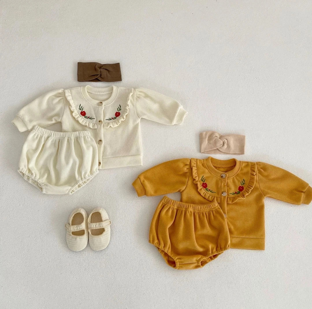 萱妈家女宝宝分体套装棉质婴幼儿绣花开衫外套面包裤两件套S23024