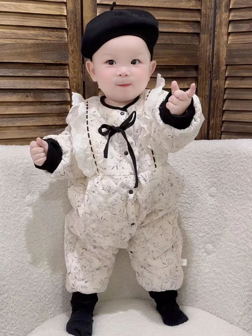 萱妈家【小赫本2】 婴儿冬装爬服宝宝夹棉连体衣加厚保暖蝴蝶结棉服