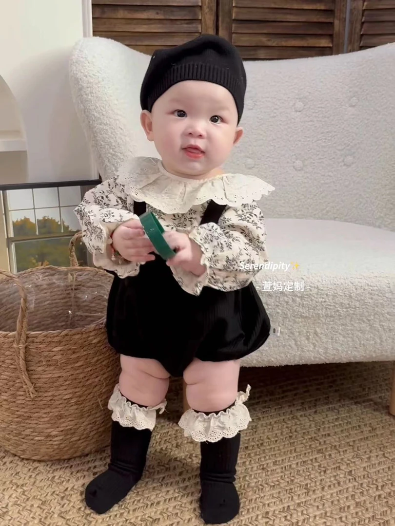萱妈家【知秋序送袜子】婴儿女宝宝花边甜美洋气碎花上衣背带裤套装