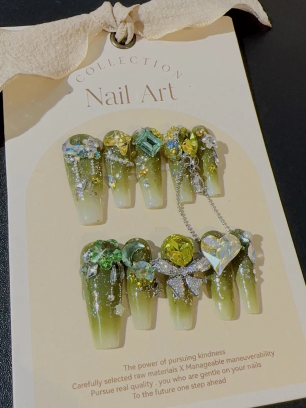 桃加全华子绿色渐变显白修饰手型轻奢纯手工穿戴甲