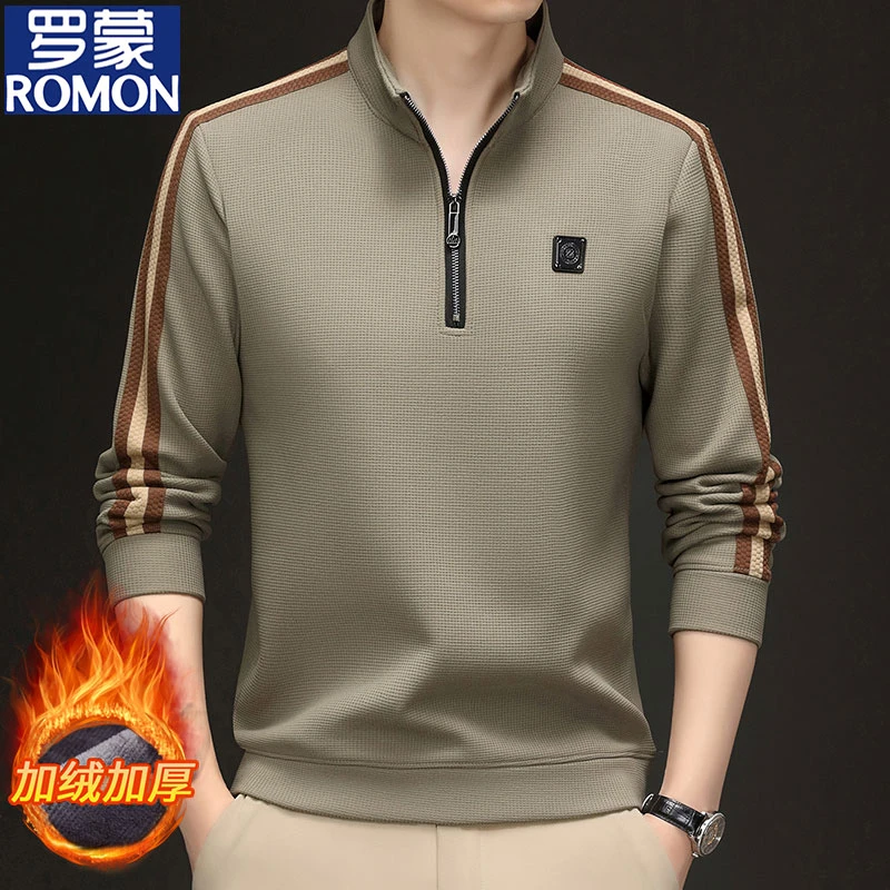 罗蒙加绒保暖卫衣男装成熟痞帅半高拉链领长袖加厚t恤休闲打底衫