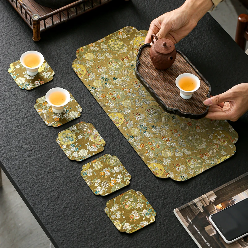 中式双面织锦提花干泡茶席锦缎茶席中国风壶垫复古吸水垫茶具配件
