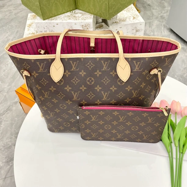95新 LouisVuitton/路易威登 芯片款neverfull中号老花玫红托特包
