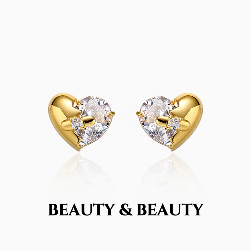 铜合金合成锆石耳饰 法式设计师款金色爱心拼接耳环高级轻奢