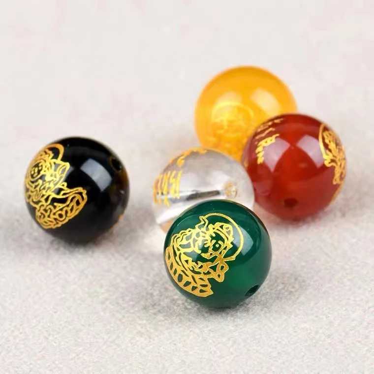 红黄绿黑白烫金五路财 神DIY散珠手工串珠首饰编织佛珠手腕配珠