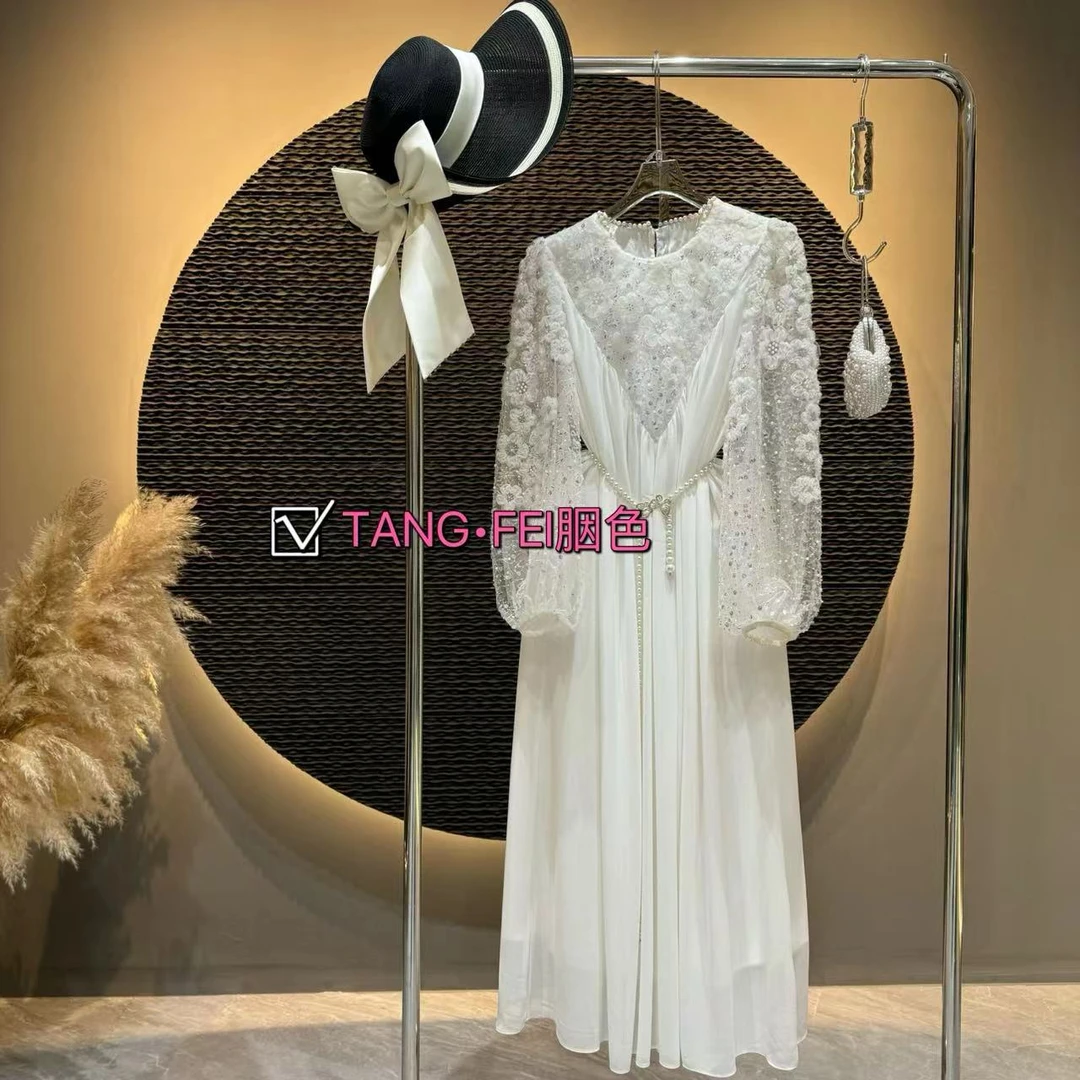 TANG-FEI胭色【繁花似锦】YS0009透气蕾丝定制绣花珍珠腰带连衣裙