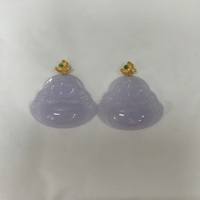 天然缅甸a货翡翠18k金蝴蝶扣紫佛公（多样性发其一）