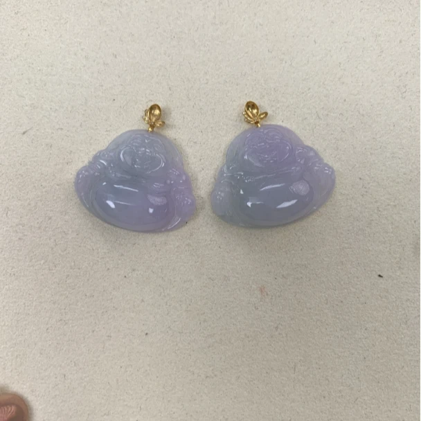 天然缅甸a货翡翠18k金花瓣扣春彩佛公（多样性发其一）