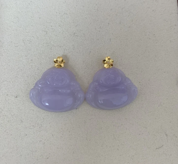 天然缅甸a货翡翠18k金五花扣紫佛公（多样性发其一）