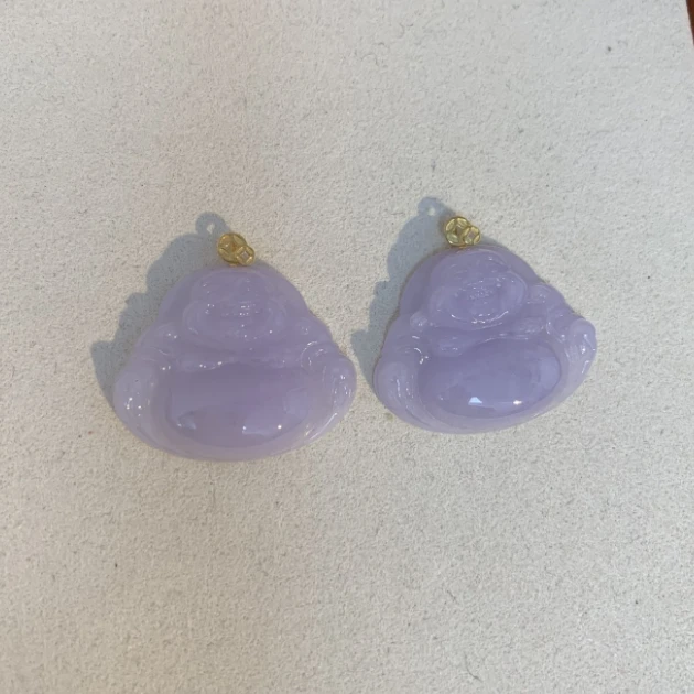 天然缅甸a货翡翠18k金双铜钱大紫佛公（多样性发其一）