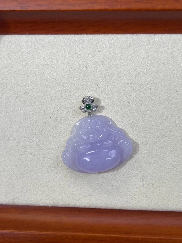 天然缅甸a货翡翠18k白金紫佛公