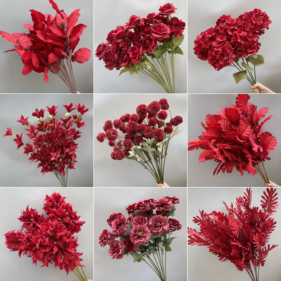 婚庆花艺婚礼背景装饰插花红色花材玫瑰尤加利仿真花室内客厅摆设