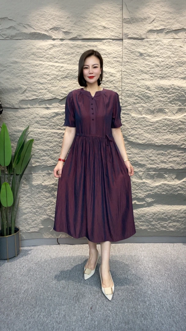 【千姿燕】5581新款小V领深红色赫本风收腰显瘦气质时尚女装连衣裙