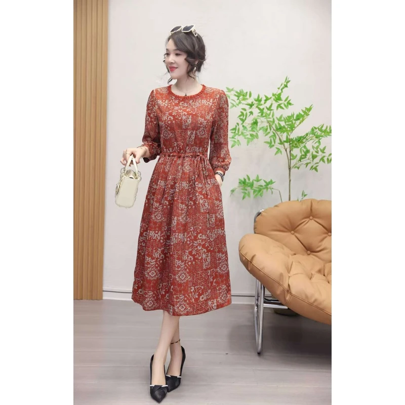 【千姿燕】5562新款花边领双色复古图腾收腰显瘦时尚百搭女装连衣裙