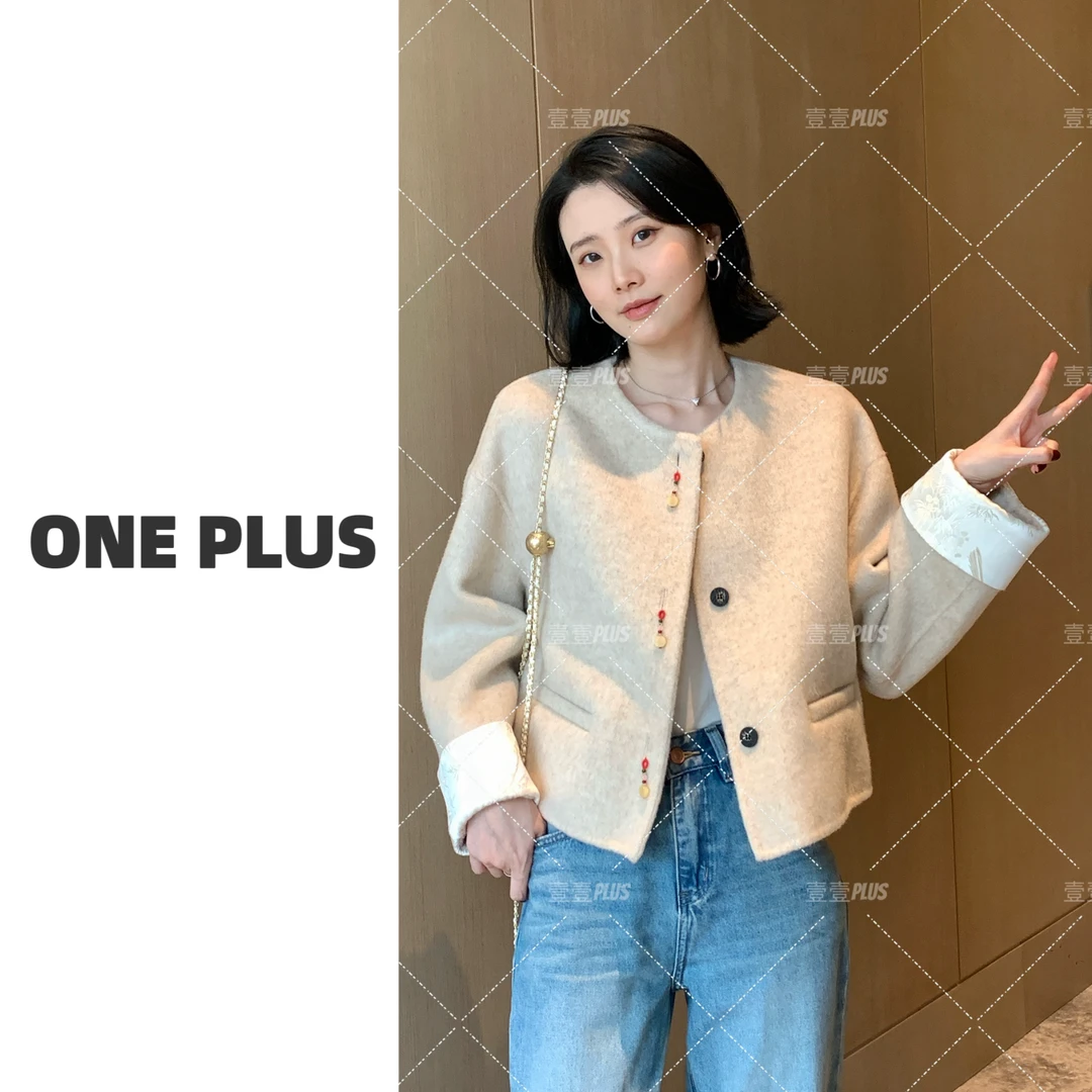 【ONE PLUS】2837款国风丝绸翻袖短款小香风羊驼毛大衣