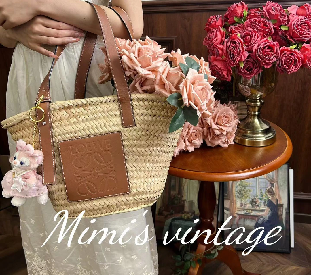 95新 LOEWE/罗意威 棕色编织菜篮子拉菲草手提包