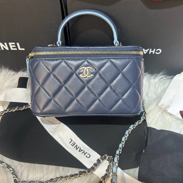 99新 Chanel/香奈儿 23p蓝黑色拼接手柄长盒子（芯片款）