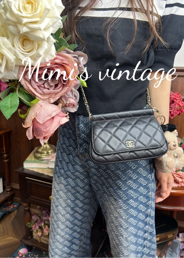 95新 Chanel/香奈儿 22K黑金荔枝牛贝壳包大号单肩斜挎