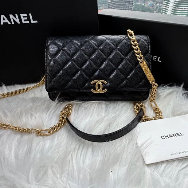 99新 Chanel/香奈儿 黑金荔枝牛金扣粗链条发财woc（芯片款）