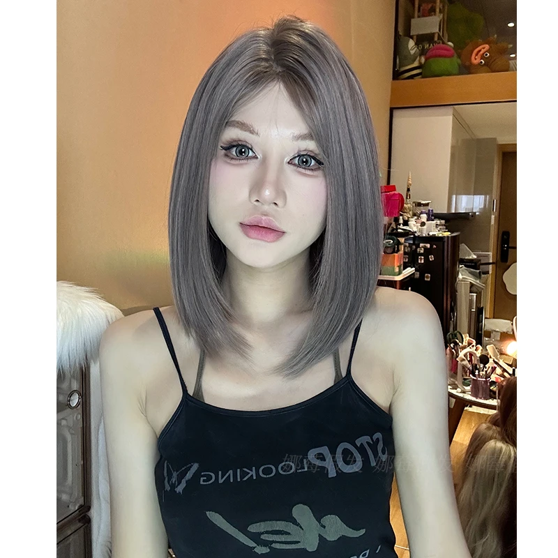 -【辣妹日记】精修薄雾紫灰短发小额蕾丝加大头皮网感女全头套假发