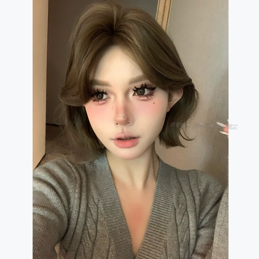 -【薄荷奶绿】薄荷茶棕机织中分碎发刘海新款短发学生女头套假发